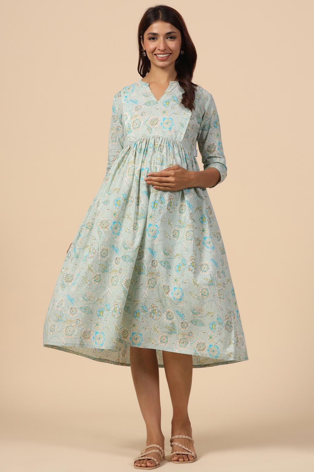 Sea Green Cotton Floral Jaal Sweetheart Neck Nursing Dress