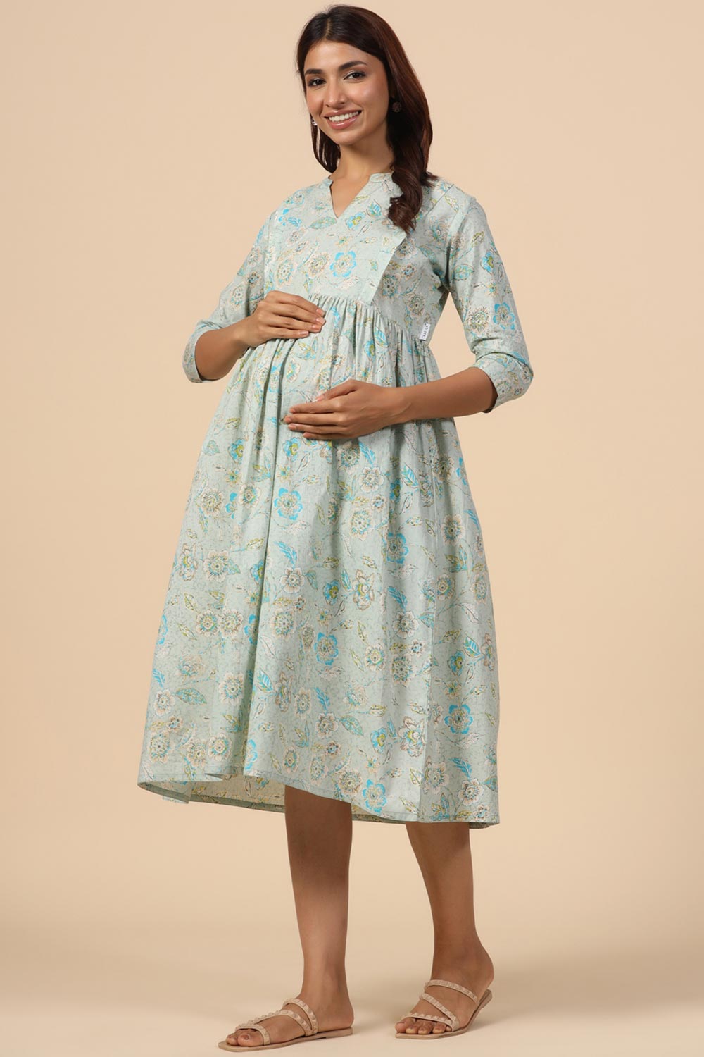 Sea Green Cotton Floral Jaal Sweetheart Neck Nursing Dress