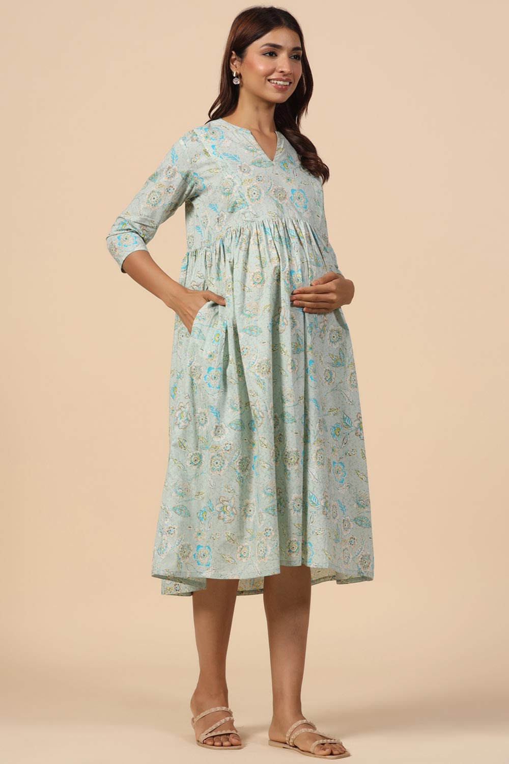 Sea Green Cotton Floral Jaal Sweetheart Neck Nursing Dress