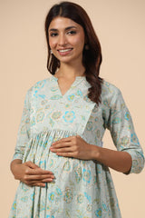 Sea Green Cotton Floral Jaal Sweetheart Neck Nursing Dress