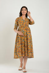 Yellow Cotton Floral Jaal Sweetheart Neck Nursing Dress