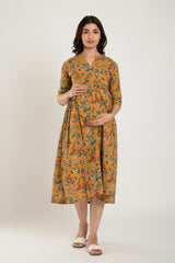 Yellow Cotton Floral Jaal Sweetheart Neck Nursing Dress