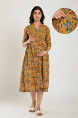 Yellow Cotton Floral Jaal Sweetheart Neck Nursing Dress