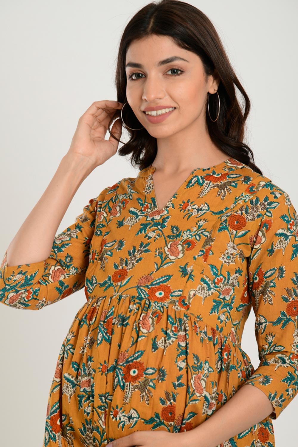 Yellow Cotton Floral Jaal Sweetheart Neck Nursing Dress