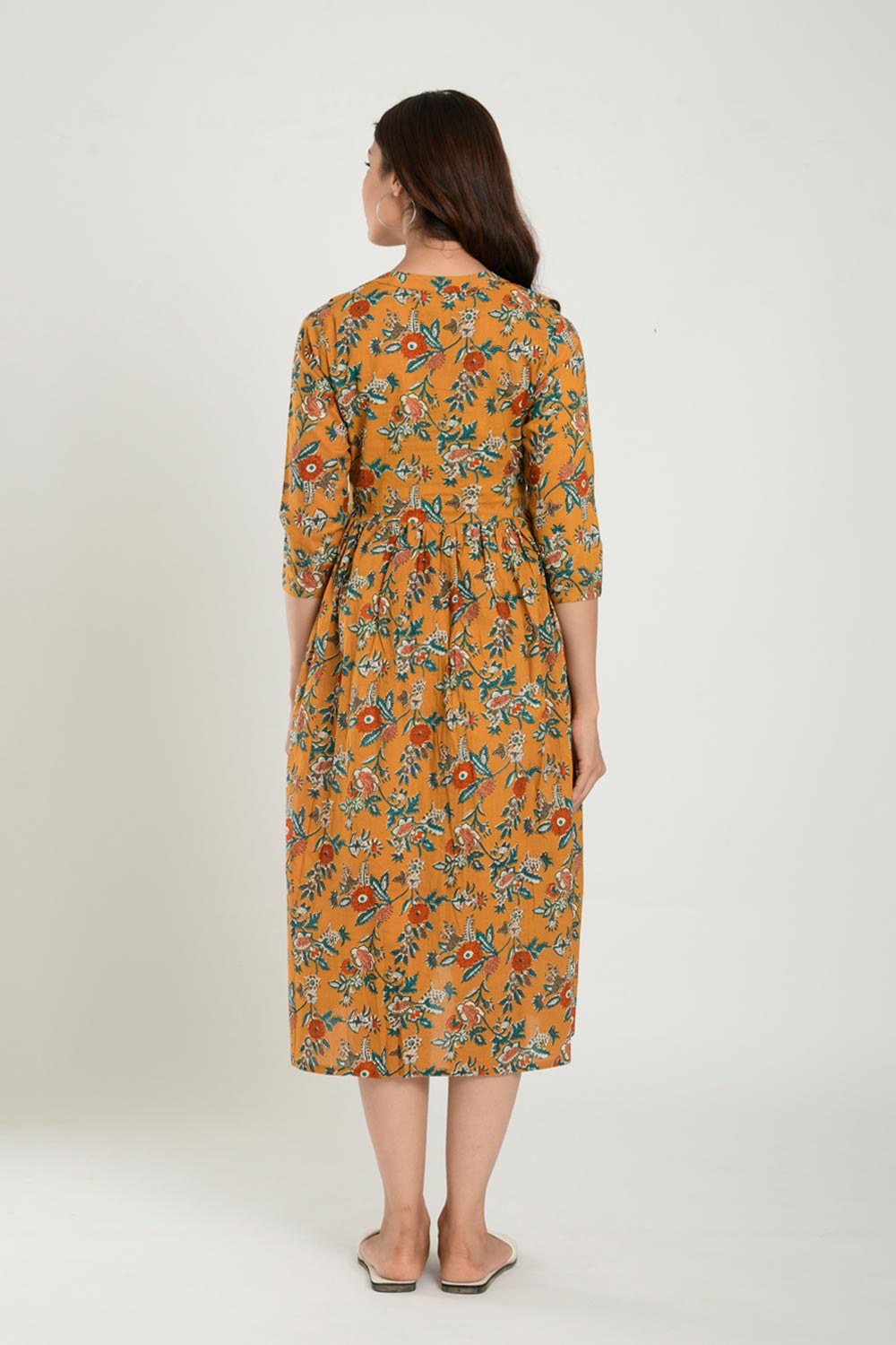 Yellow Cotton Floral Jaal Sweetheart Neck Nursing Dress