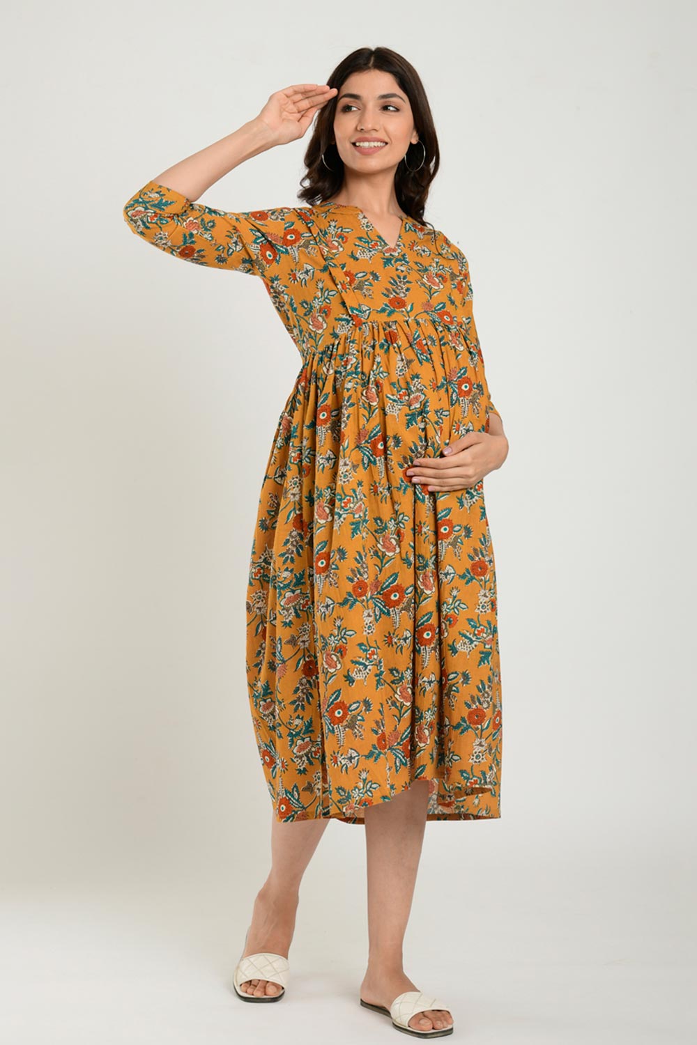 Yellow Cotton Floral Jaal Sweetheart Neck Nursing Dress