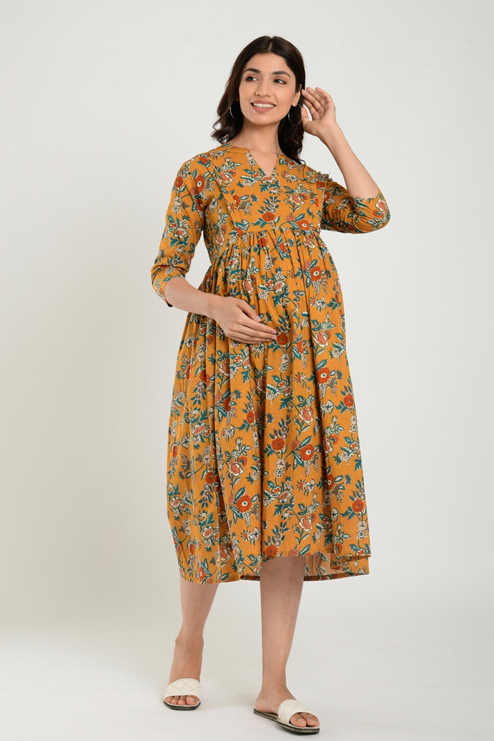 Yellow Cotton Floral Jaal Sweetheart Neck Nursing Dress