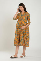 Yellow Cotton Floral Jaal Sweetheart Neck Nursing Dress