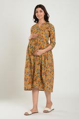 Yellow Cotton Floral Jaal Sweetheart Neck Nursing Dress