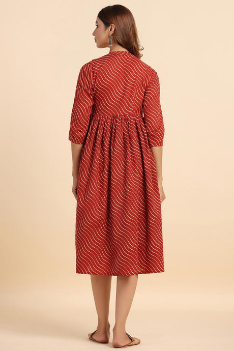 Red Cotton Lines Sweetheart Neck Nursing Dress