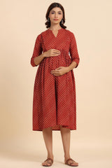 Red Cotton Lines Sweetheart Neck Nursing Dress