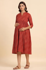 Red Cotton Lines Sweetheart Neck Nursing Dress