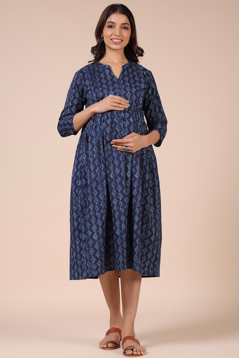 Blue Cotton Lines Sweetheart Neck Nursing Dress