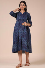 Blue Cotton Lines Sweetheart Neck Nursing Dress