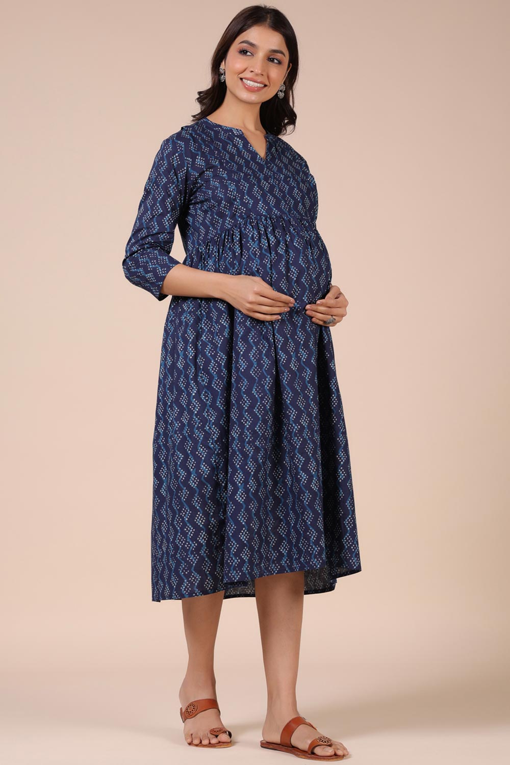 Blue Cotton Lines Sweetheart Neck Nursing Dress