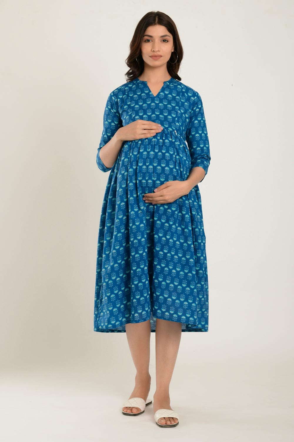 Blue Cotton Boota Print Sweetheart Neck Nursing Dress