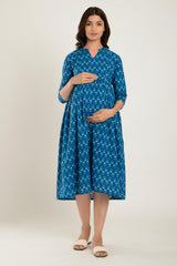 Blue Cotton Boota Print Sweetheart Neck Nursing Dress