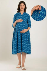 Blue Cotton Boota Print Sweetheart Neck Nursing Dress