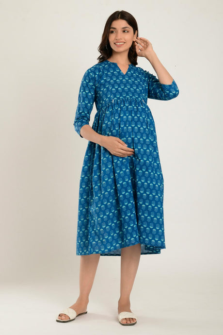 Blue Cotton Boota Print Sweetheart Neck Nursing Dress