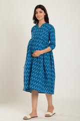 Blue Cotton Boota Print Sweetheart Neck Nursing Dress