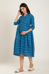 Blue Cotton Boota Print Sweetheart Neck Nursing Dress