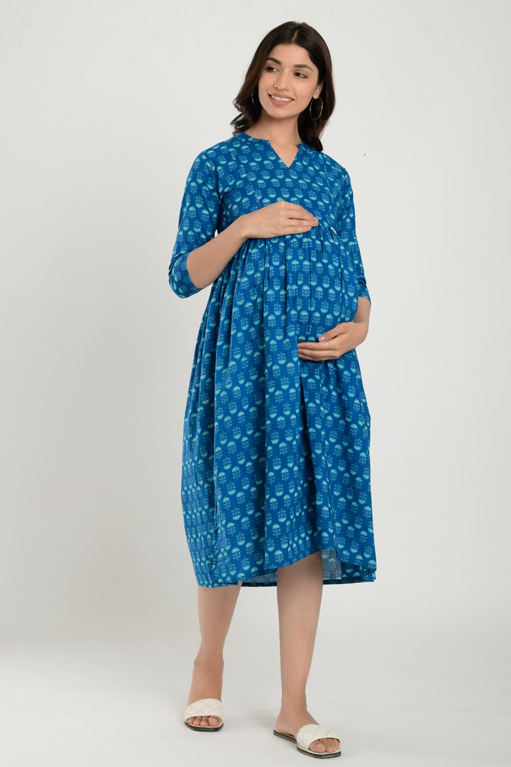 Blue Cotton Boota Print Sweetheart Neck Nursing Dress