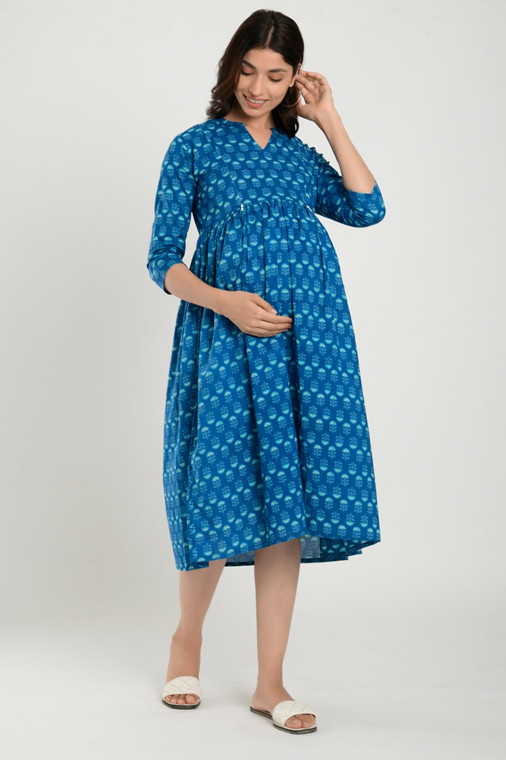 Blue Cotton Boota Print Sweetheart Neck Nursing Dress