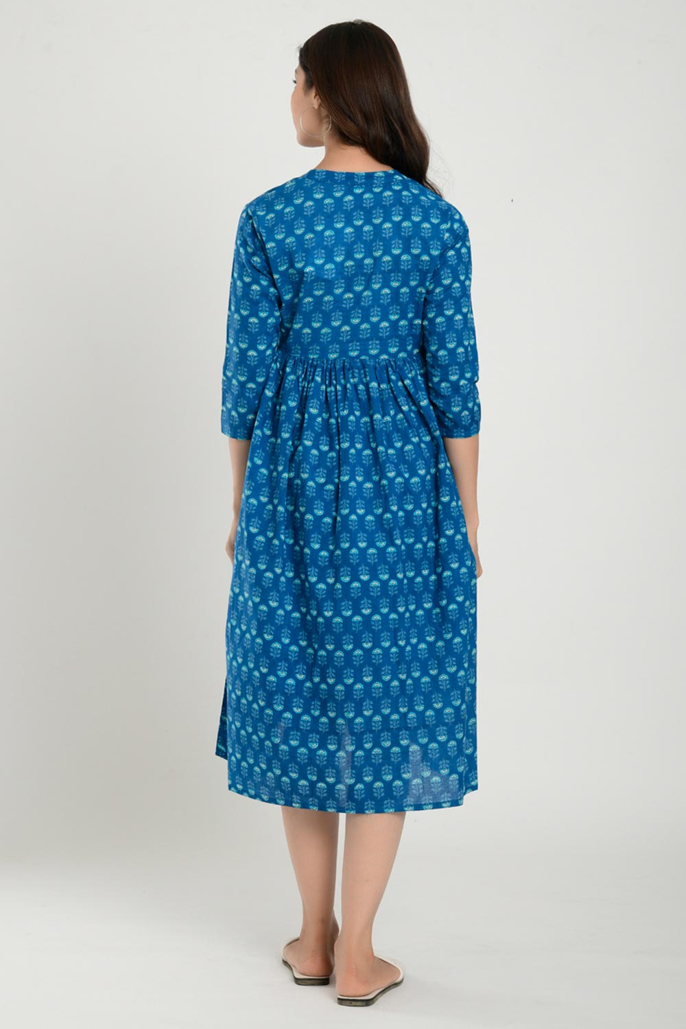 Blue Cotton Boota Print Sweetheart Neck Nursing Dress