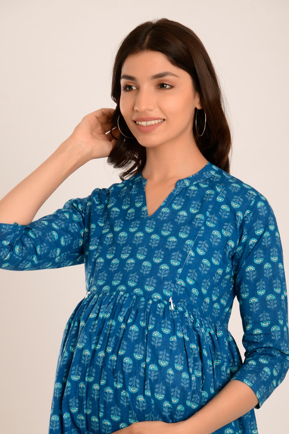 Blue Cotton Boota Print Sweetheart Neck Nursing Dress