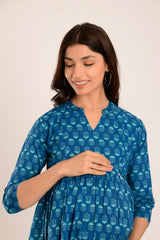 Blue Cotton Boota Print Sweetheart Neck Nursing Dress