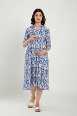 Blue Cotton Floral Jaal Sweetheart Neck Nursing Dress