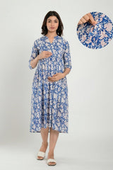 Blue Cotton Floral Jaal Sweetheart Neck Nursing Dress