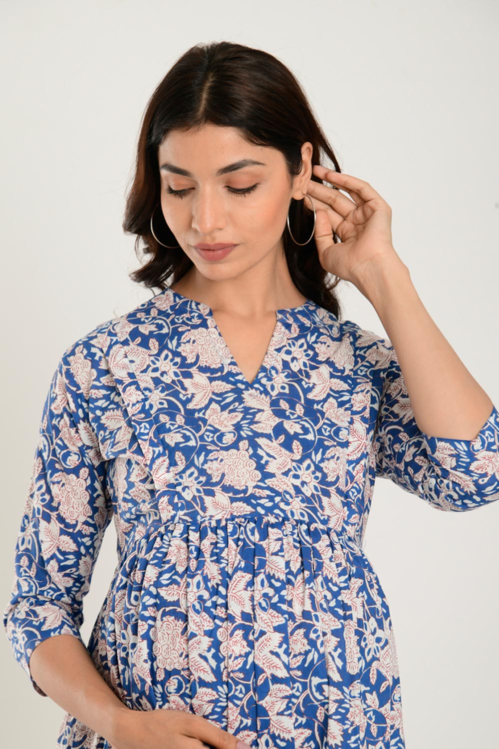 Blue Cotton Floral Jaal Sweetheart Neck Nursing Dress