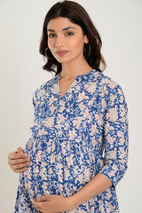 Blue Cotton Floral Jaal Sweetheart Neck Nursing Dress