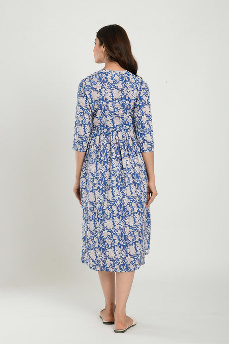 Blue Cotton Floral Jaal Sweetheart Neck Nursing Dress