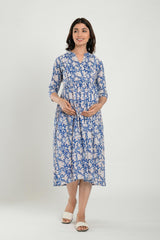 Blue Cotton Floral Jaal Sweetheart Neck Nursing Dress