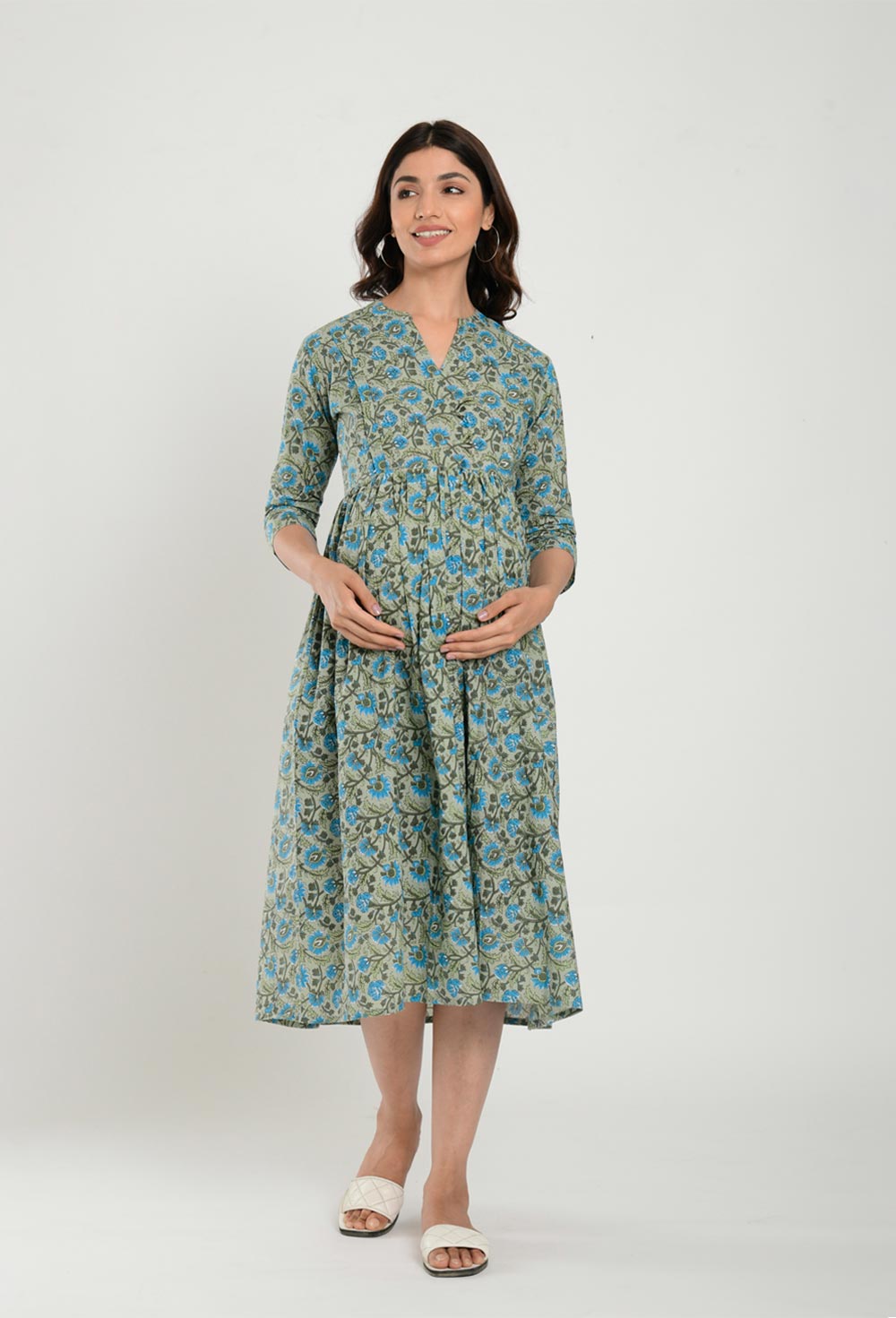 Green Cotton Floral Jaal Sweetheart Neck Nursing Dress