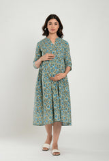 Green Cotton Floral Jaal Sweetheart Neck Nursing Dress