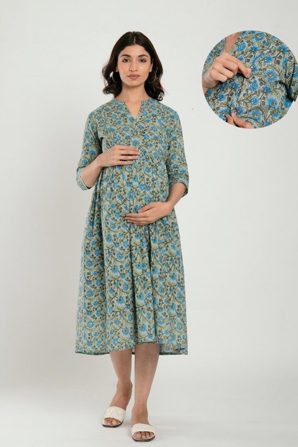 Green Cotton Floral Jaal Sweetheart Neck Nursing Dress