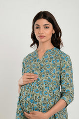 Green Cotton Floral Jaal Sweetheart Neck Nursing Dress