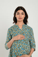 Green Cotton Floral Jaal Sweetheart Neck Nursing Dress