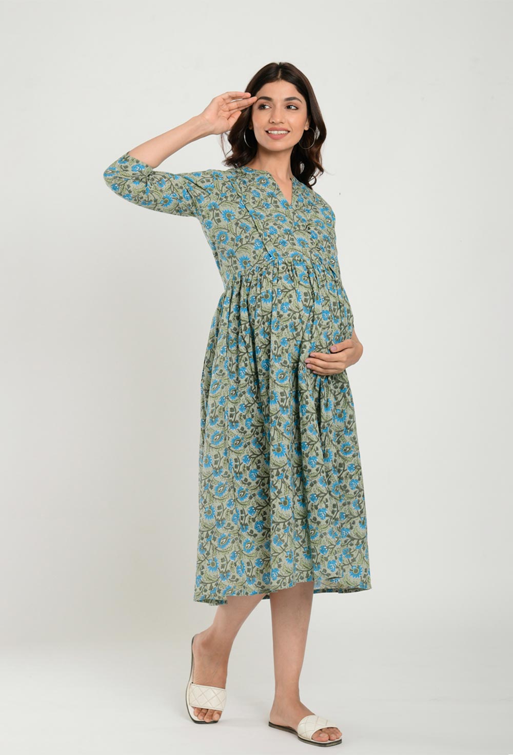 Green Cotton Floral Jaal Sweetheart Neck Nursing Dress