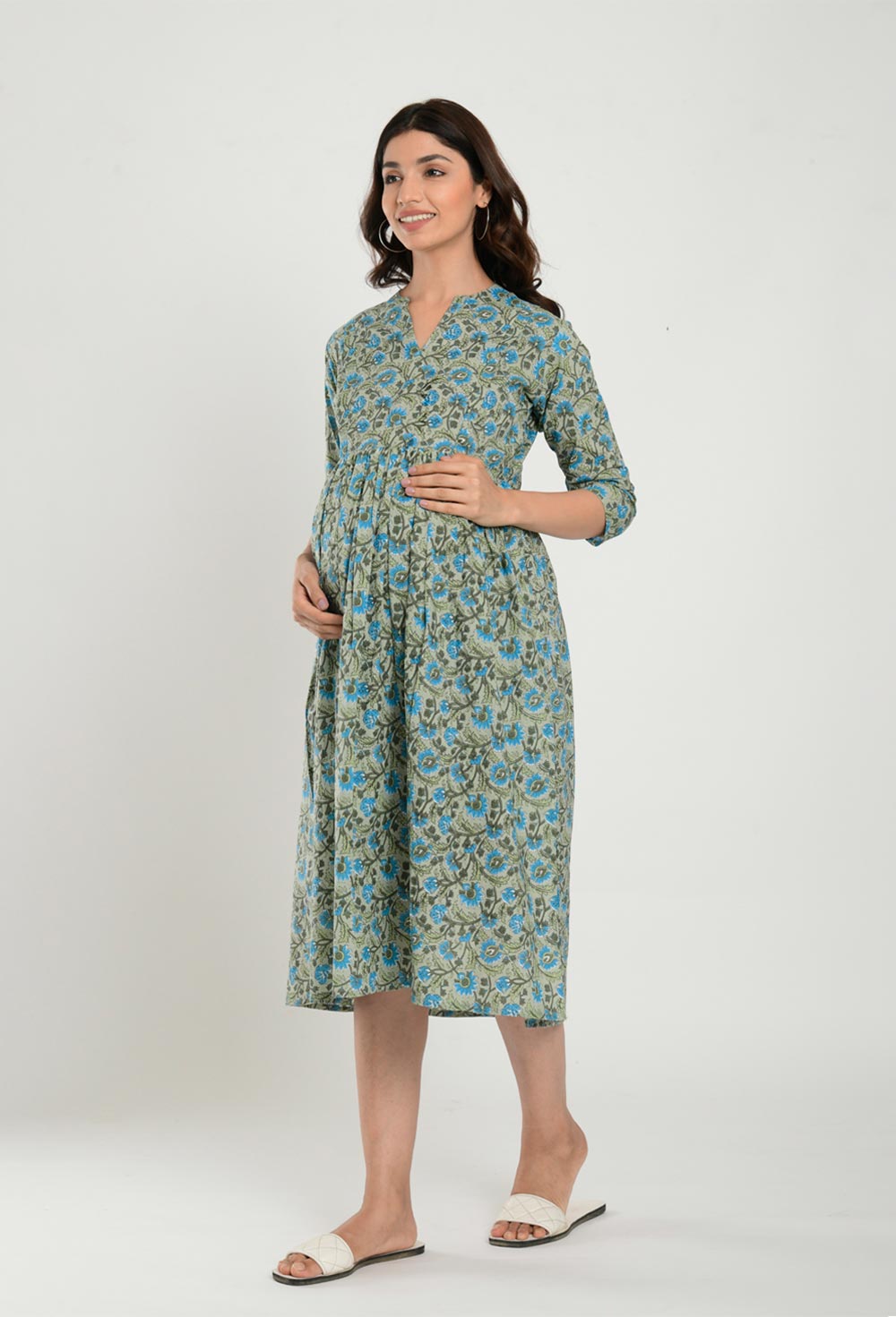 Green Cotton Floral Jaal Sweetheart Neck Nursing Dress