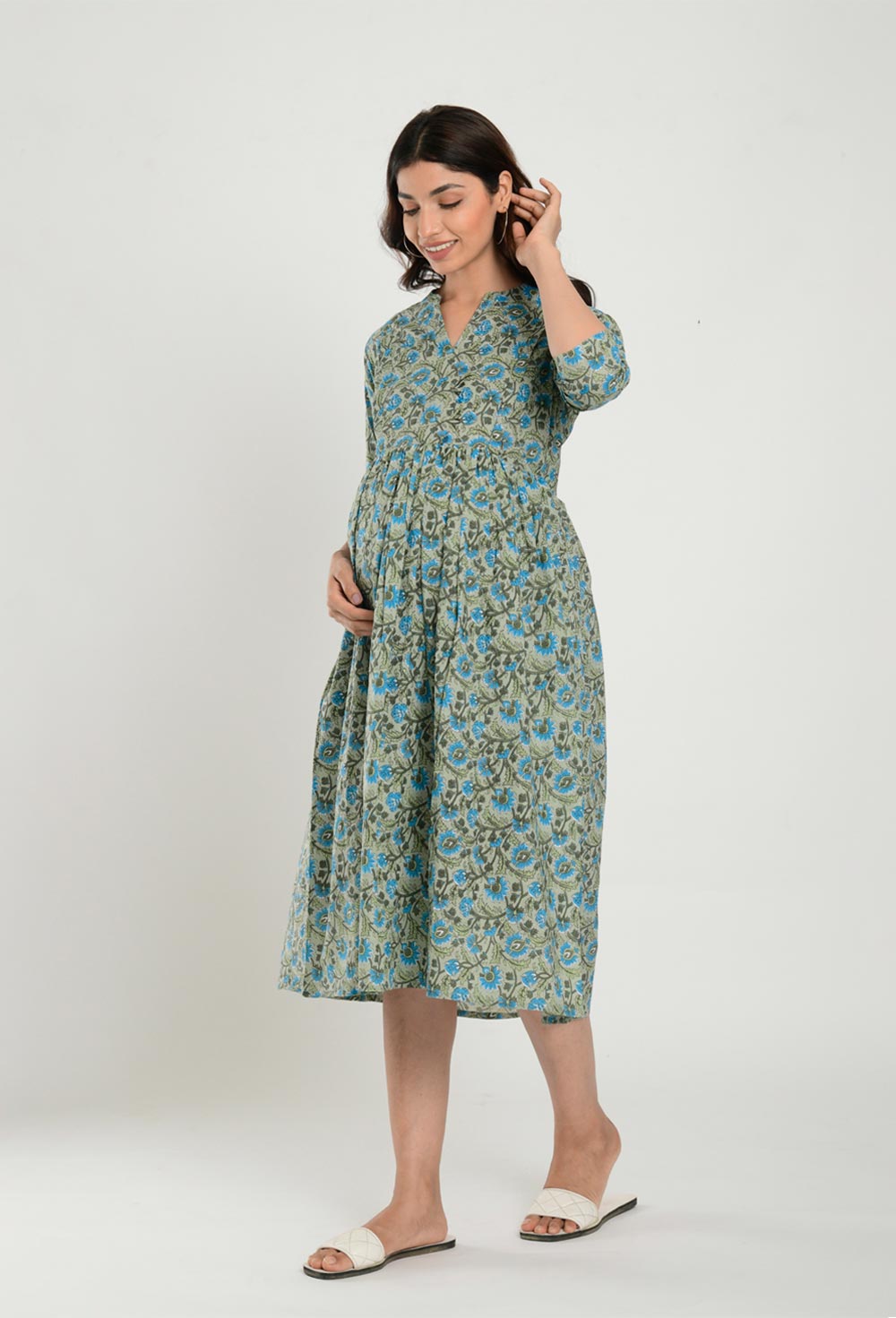 Green Cotton Floral Jaal Sweetheart Neck Nursing Dress