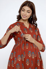 Red Cotton Boota Print Sweetheart Neck Nursing Kurta