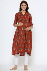 Red Cotton Boota Print Sweetheart Neck Nursing Kurta