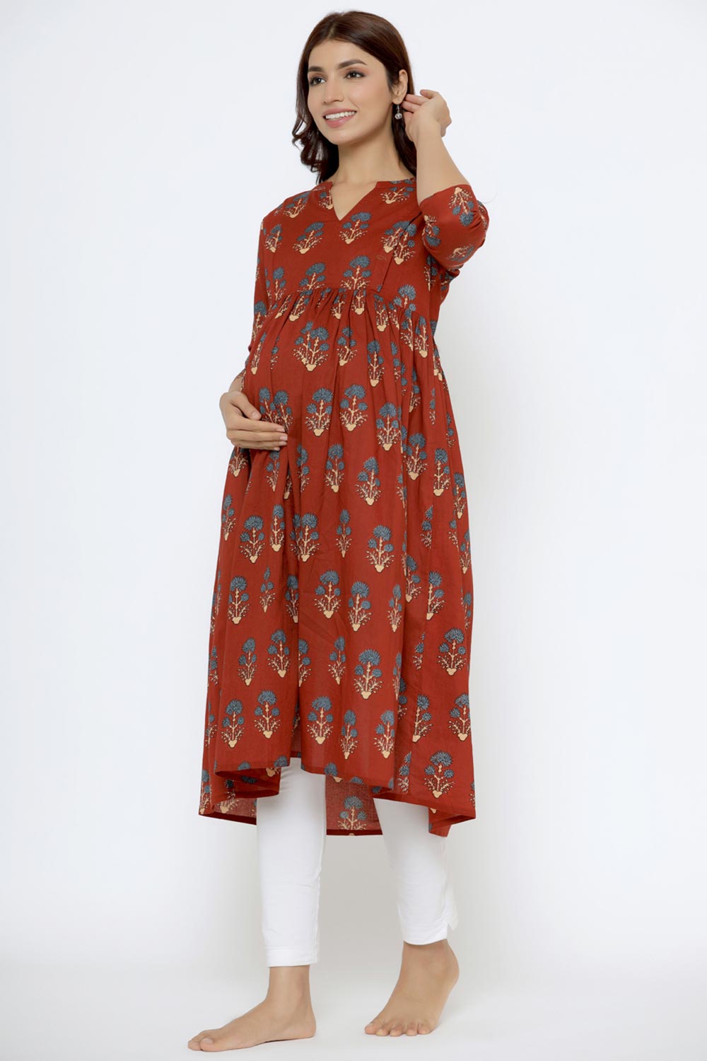 Red Cotton Boota Print Sweetheart Neck Nursing Kurta