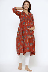 Red Cotton Boota Print Sweetheart Neck Nursing Kurta