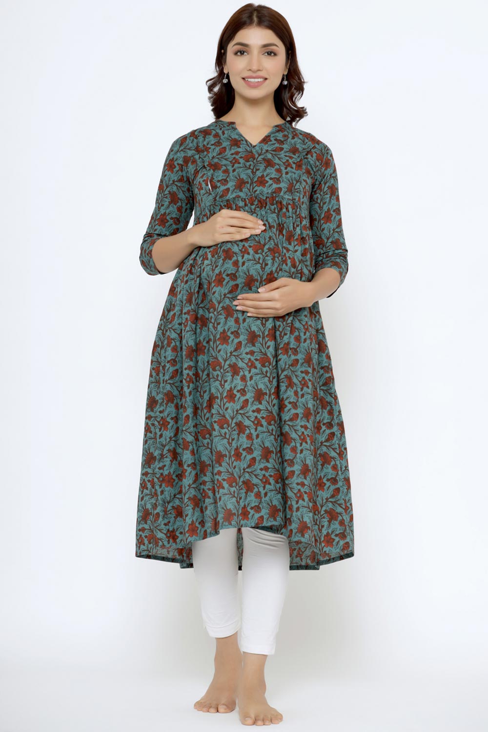 Grey Cotton Floral Jaal Sweetheart Neck Nursing Kurta