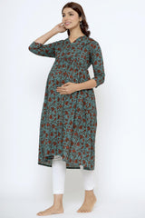 Grey Cotton Floral Jaal Sweetheart Neck Nursing Kurta